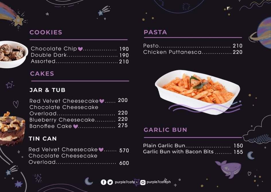 Purple 7 Cafe's menu of cakes and pasta