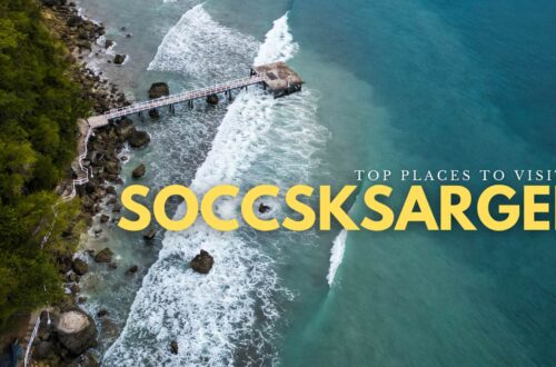 Places to Visit in SOCCSKSARGEN text with an aerial view of the pier in Isla Jardin del Mar in Glan, Sarangani